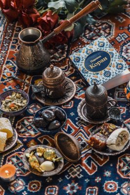 Turkish Coffee in Cezve with Turkish delight and other sweets